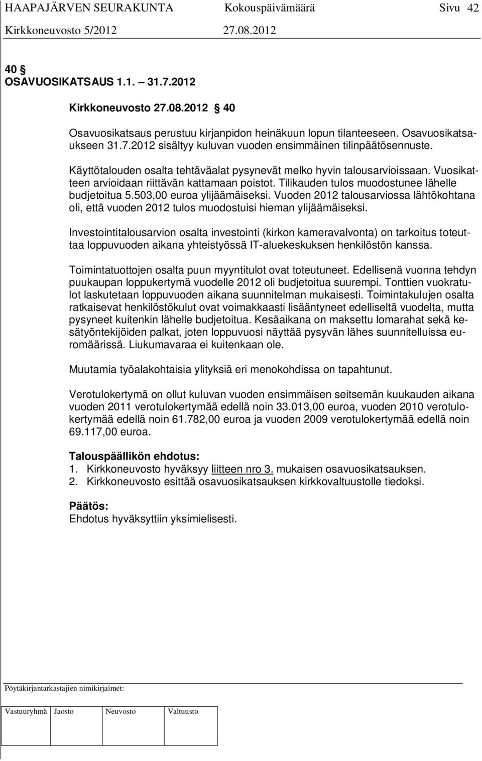 503,00 euroa ylijäämäiseksi. Vuoden 2012 talousarviossa lähtökohtana oli, että vuoden 2012 tulos muodostuisi hieman ylijäämäiseksi.