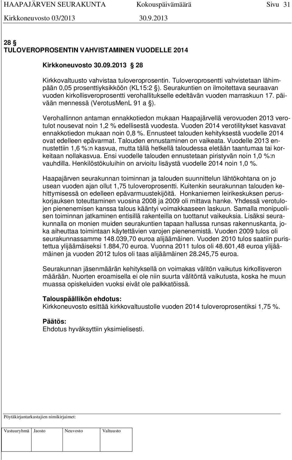 päivään mennessä (VerotusMenL 91 a ). Verohallinnon antaman ennakkotiedon mukaan Haapajärvellä verovuoden 2013 verotulot nousevat noin 1,2 % edellisestä vuodesta.