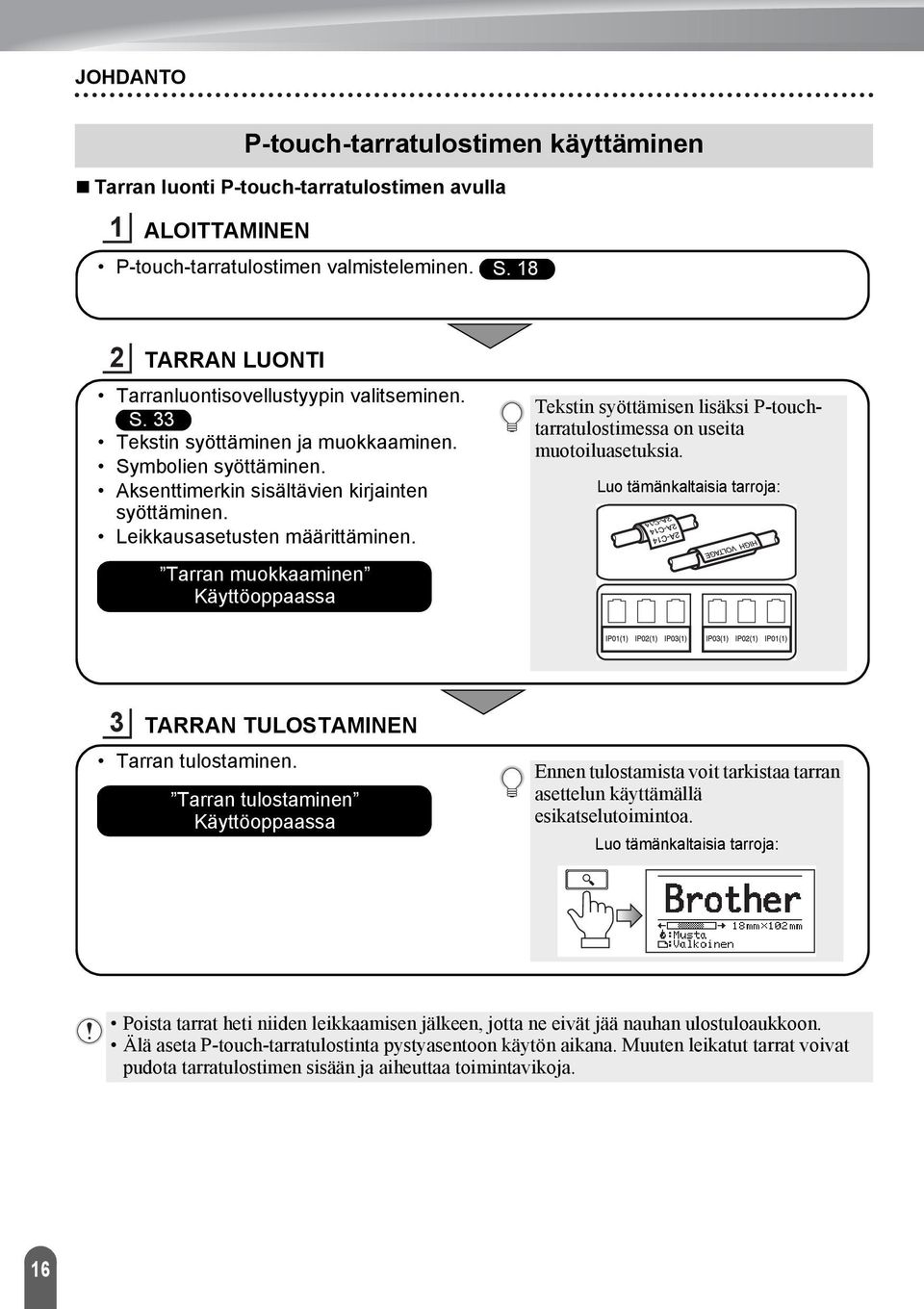 Leikkausasetusten määrittäminen. Tarran muokkaaminen Käyttöoppaassa Tekstin syöttämisen lisäksi P-touchtarratulostimessa on useita muotoiluasetuksia.