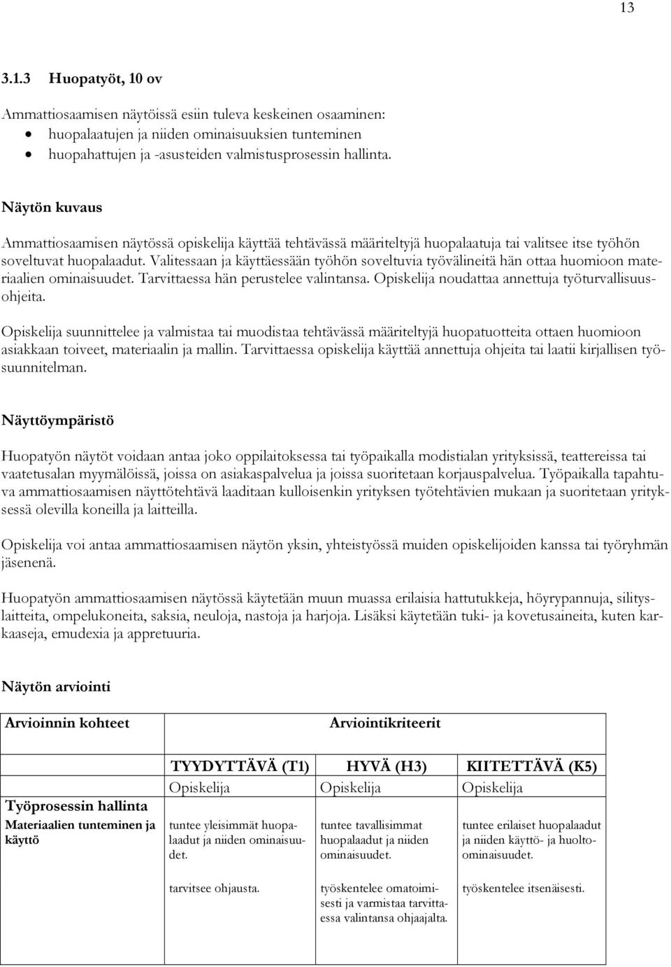 Valitessaan ja käyttäessään työhön soveltuvia työvälineitä hän ottaa huomioon materiaalien ominaisuudet. Tarvittaessa hän perustelee valintansa. Opiskelija noudattaa annettuja työturvallisuusohjeita.