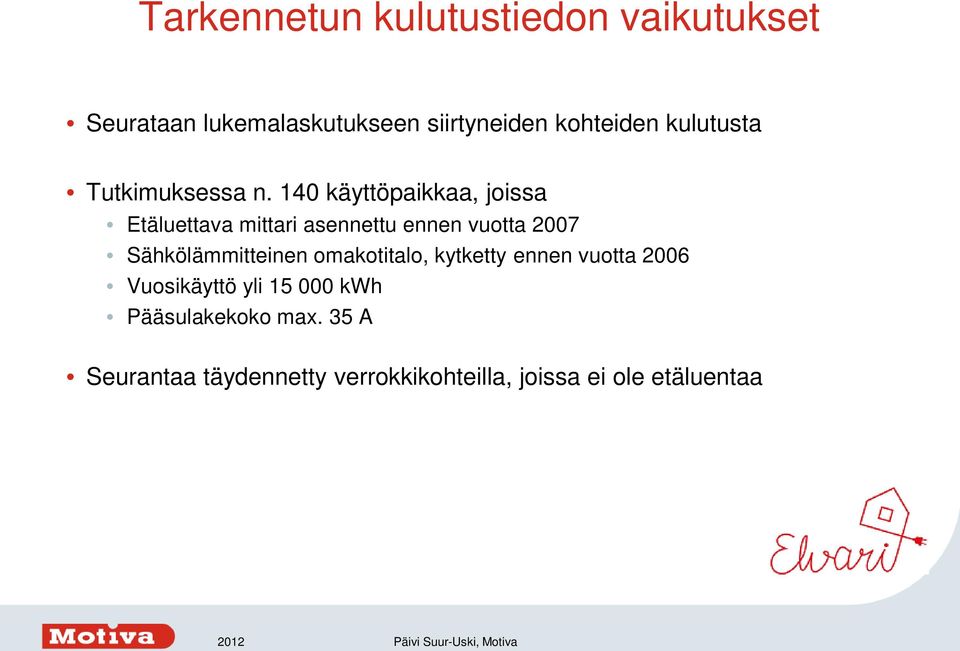 140 käyttöpaikkaa, joissa Etäluettava mittari asennettu ennen vuotta 2007 Sähkölämmitteinen