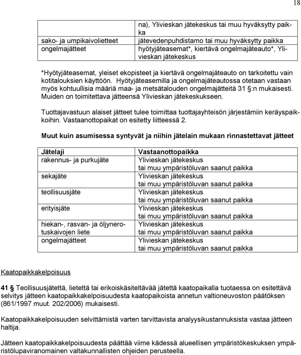 Hyötyjäteasemilla ja ongelmajäteautossa otetaan vastaan myös kohtuullisia määriä maa- ja metsätalouden ongelmajätteitä 31 :n mukaisesti. Muiden on toimitettava jätteensä Ylivieskan jätekeskukseen.