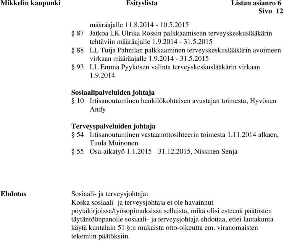 11.2014 alkaen, Tuula Muinonen 55 Osa-aikatyö 1.1.2015-31.12.