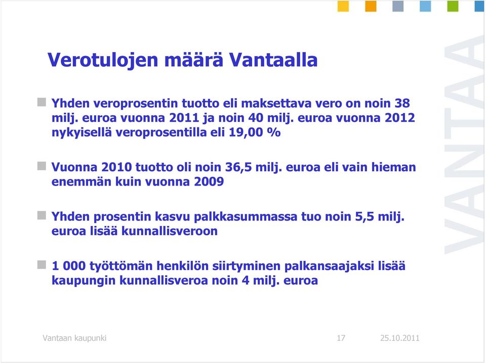 euroa vuonna 2012 nykyisellä veroprosentilla eli 19,00 % Vuonna 2010 tuotto oli noin 36,5 milj.