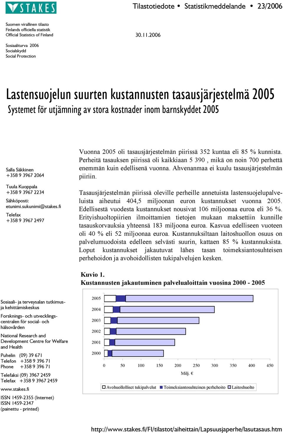 3967 2064 Tuula Kuoppala +358 9 3967 2234 Sähköposti: etunimi.sukunimi@stakes.fi Telefax +358 9 3967 2497 Vuonna 2005 oli tasausjärjestelmän piirissä 352 kuntaa eli 85 % kunnista.