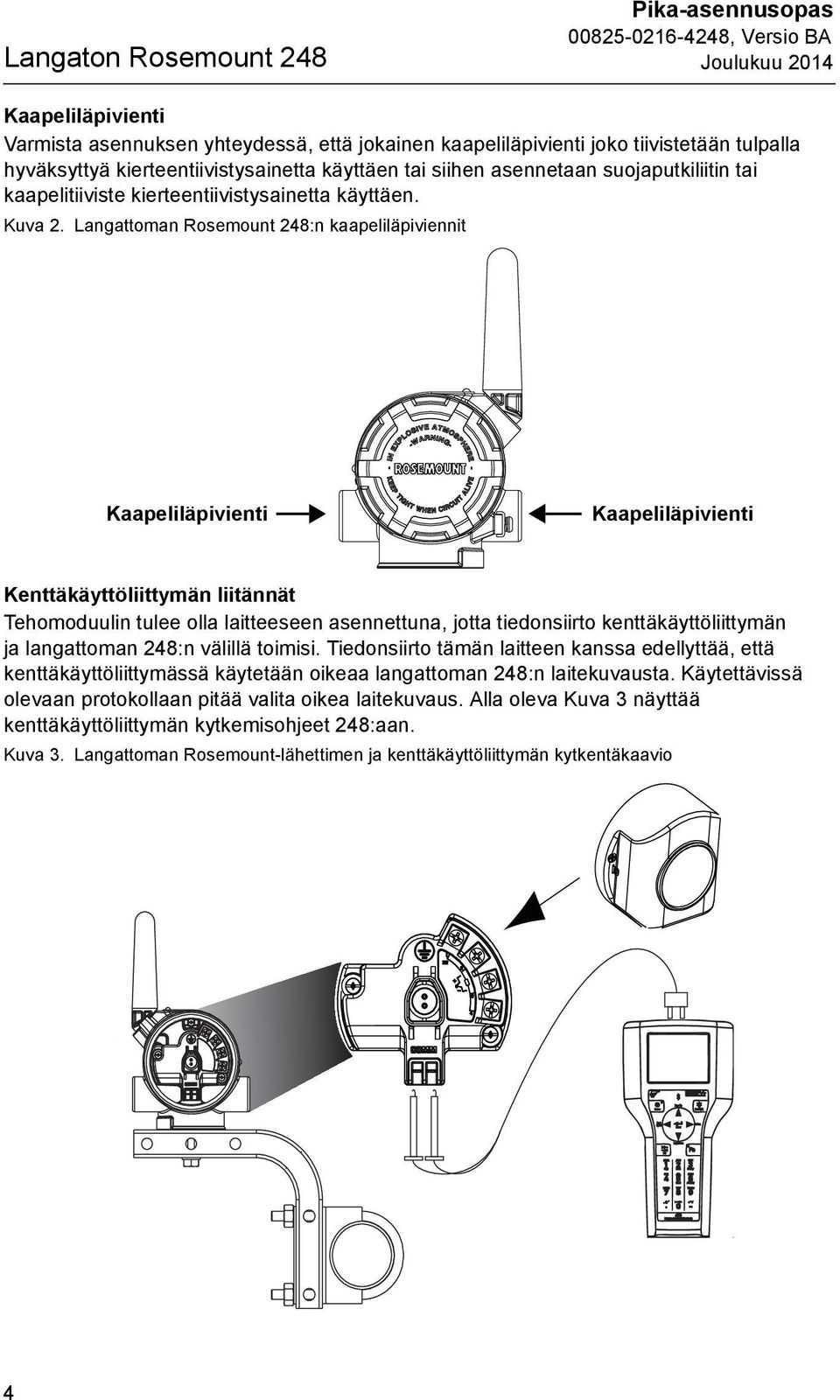 Langattoman Rosemount 248:n kaapeliläpiviennit Kaapeliläpivienti Kaapeliläpivienti Kenttäkäyttöliittymän liitännät Tehomoduulin tulee olla laitteeseen asennettuna, jotta tiedonsiirto