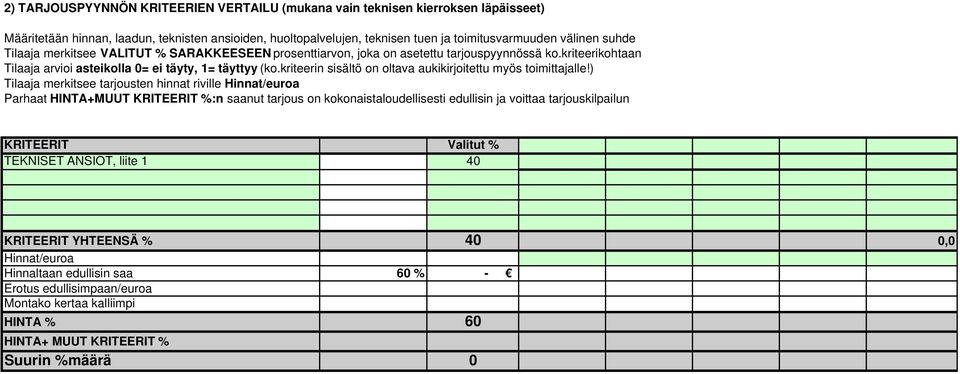 kriteerin sisältö on oltava aukikirjoitettu myös toimittajalle!