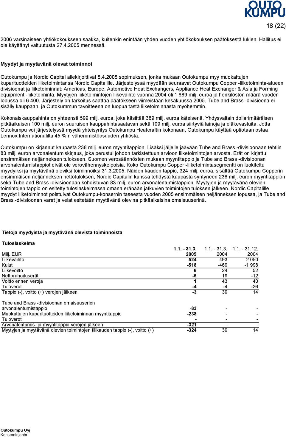 Järjestelyssä myydään seuraavat Outokumpu Copper -liiketoiminta-alueen divisioonat ja liiketoiminnat: Americas, Europe, Automotive Heat Exchangers, Appliance Heat Exchanger & Asia ja Forming