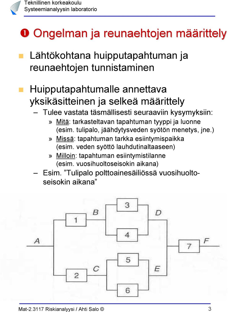 luonne (esim. tulipalo, jäähdytysveden syötön menetys, jne.)» Missä: tapahtuman tarkka esiintymispaikka (esim.