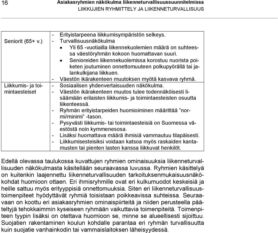 Senioreiden liikennekuolemissa korostuu nuorista poiketen joutuminen onnettomuuteen polkupyörällä tai jalankulkijana liikkuen. - Väestön ikärakenteen muutoksen myötä kasvava ryhmä.