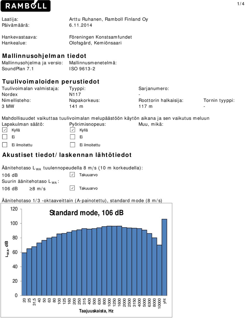 1 ISO 9613-2 Tuulivoimaloiden perustiedot Tuulivoimalan valmistaja: Tyyppi: Sarjanumero: Nordex N117 - Nimellisteho: Napakorkeus: Roottorin halkaisija: 3 MW 141 m 117 m Tornin tyyppi: -