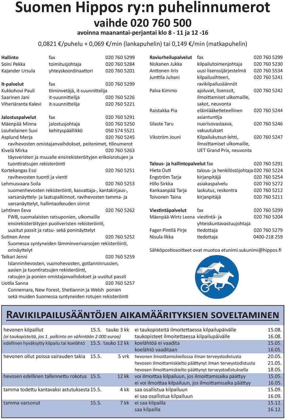 020 760 5226 Viheriäranta Kalevi it-suunnittelija 020 760 5221 Jalostuspalvelut fax 020 760 5291 Mäenpää Minna jalostusjohtaja 020 760 5250 Louhelainen Suvi kehityspäällikkö 050 574 5521 Asplund