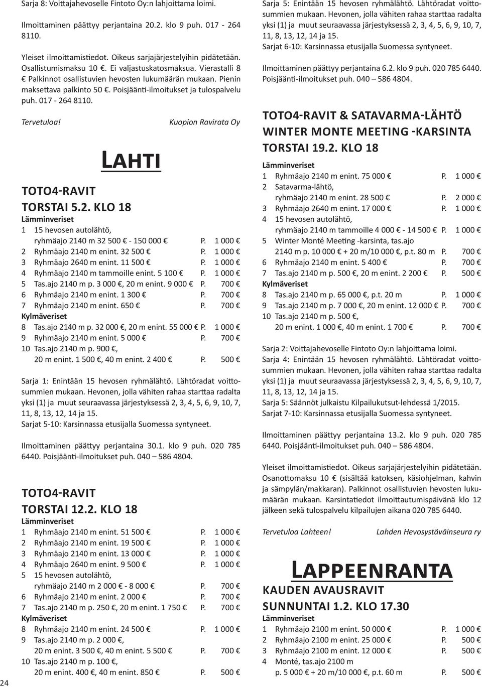 Lahti Kuopion Ravirata Oy TOTO4-RAVIT TORSTAI 5.2. KLO 18 1 15 hevosen autolähtö, ryhmäajo 2140 m 32 500-150 000 P. 1 000 2 Ryhmäajo 2140 m enint. 32 500 P. 1 000 3 Ryhmäajo 2640 m enint. 11 500 P.