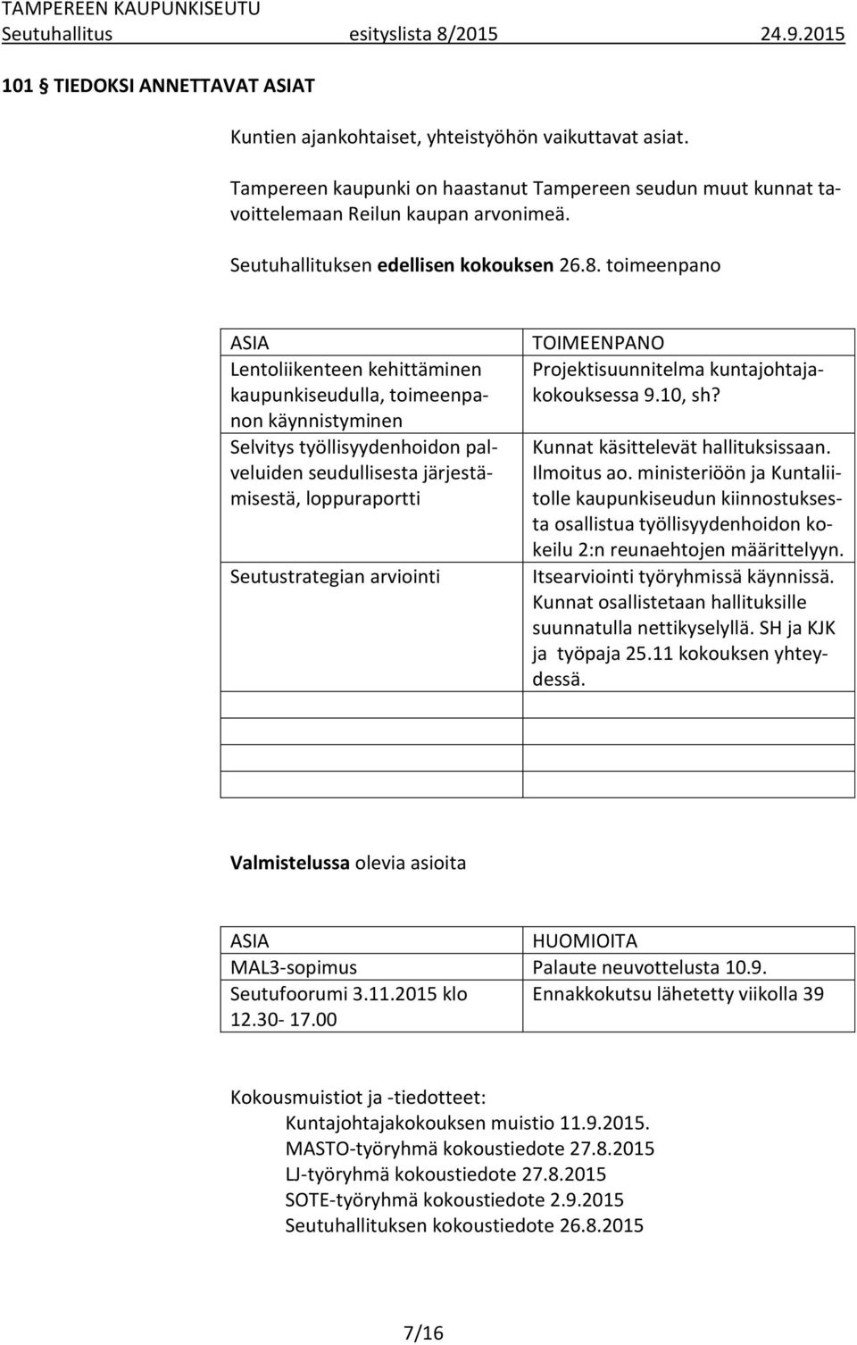 toimeenpano ASIA Lentoliikenteen kehittäminen kaupunkiseudulla, toimeenpanon käynnistyminen Selvitys työllisyydenhoidon palveluiden seudullisesta järjestämisestä, loppuraportti Seutustrategian