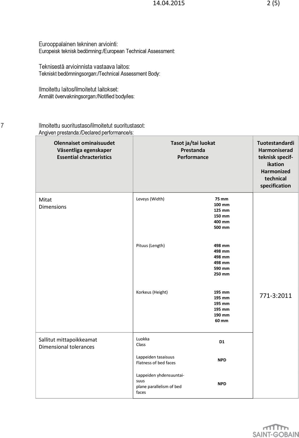 bedömningsorgan:/technical Assessment Body: Ilmoitettu laitos/ilmoitetut laitokset: Anmält övervakningsorgan:/notified body/ies: 7 Ilmoitettu suoritustaso/ilmoitetut