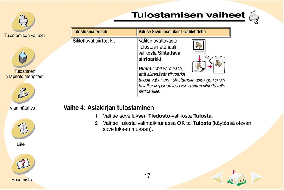 : Voit varmistaa, että silitettävät siirtoarkit tulostuvat oikein, tulostamalla asiakirjan ensin tavalliselle paperille ja