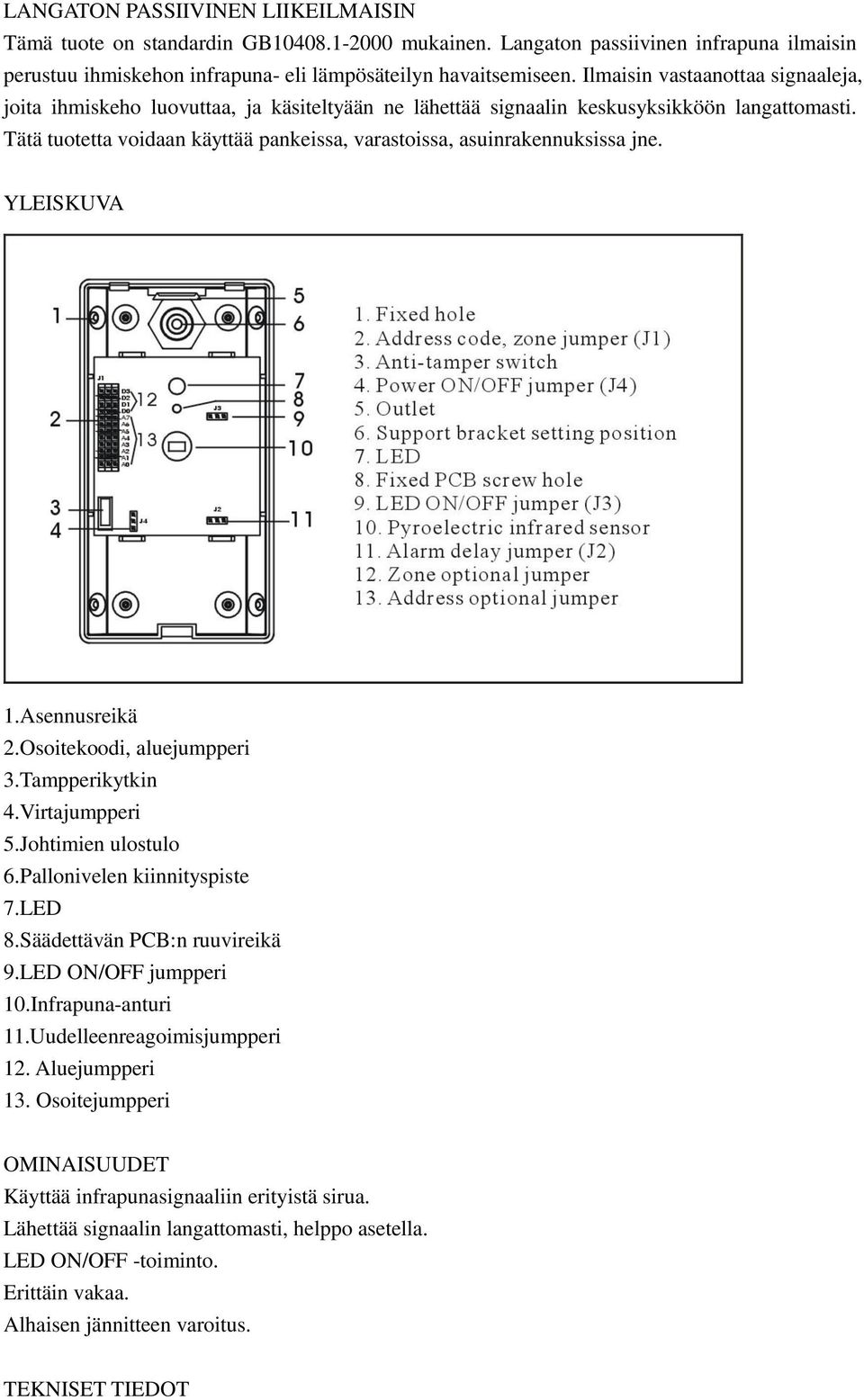 Tätä tuotetta voidaan käyttää pankeissa, varastoissa, asuinrakennuksissa jne. YLEISKUVA 1.Asennusreikä 2.Osoitekoodi, aluejumpperi 3.Tampperikytkin 4.Virtajumpperi 5.Johtimien ulostulo 6.