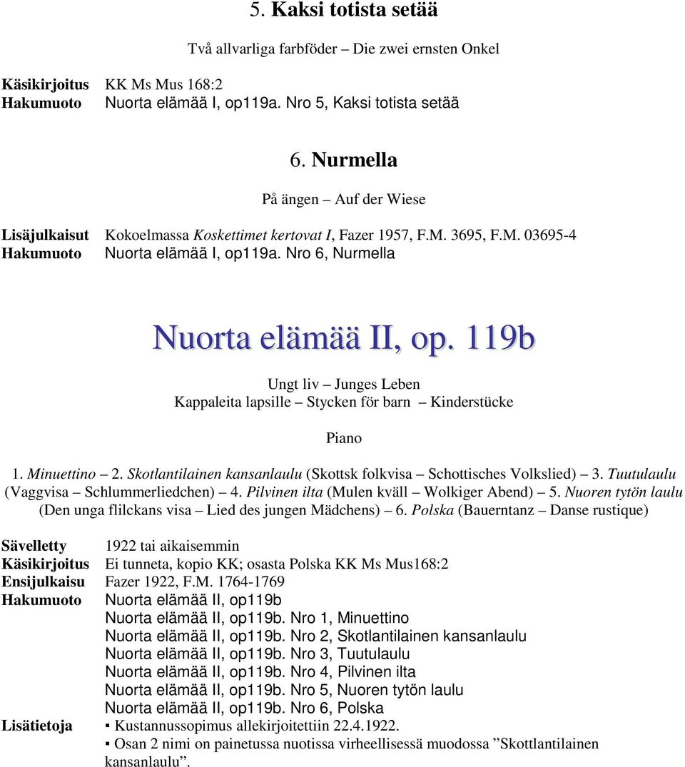 Minuettino 2. Skotlantilainen kansanlaulu (Skottsk folkvisa Schottisches Volkslied) 3. Tuutulaulu (Vaggvisa Schlummerliedchen) 4. Pilvinen ilta (Mulen kväll Wolkiger Abend) 5.