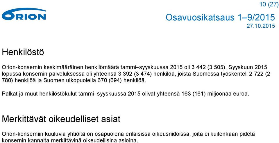 Suomen ulkopuolella 670 (694) henkilöä. Palkat ja muut henkilöstökulut tammi syyskuussa 2015 olivat yhteensä 163 (161) miljoonaa euroa.