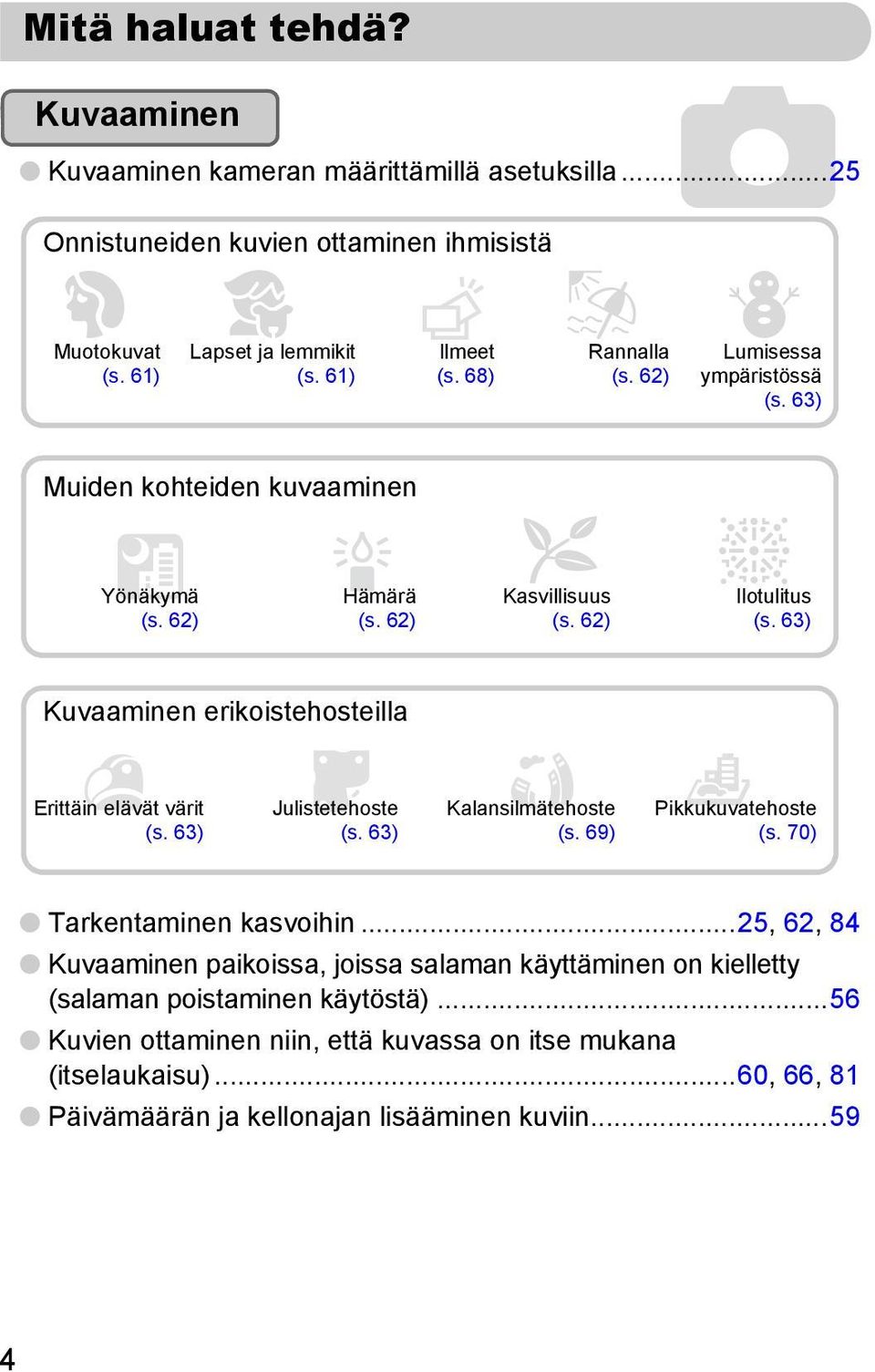 63) Kuvaaminen erikoistehosteilla Erittäin elävät värit (s. 63) Julistetehoste (s. 63) Kalansilmätehoste (s. 69) Pikkukuvatehoste (s. 70) Tarkentaminen kasvoihin.