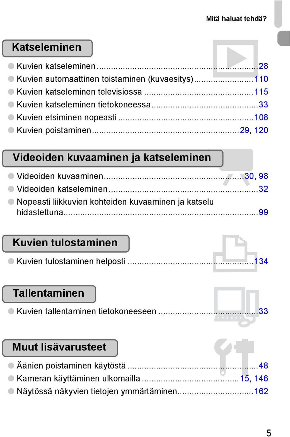 ..30, 98 Videoiden katseleminen...32 Nopeasti liikkuvien kohteiden kuvaaminen ja katselu hidastettuna...99 Kuvien tulostaminen 2 Kuvien tulostaminen helposti.