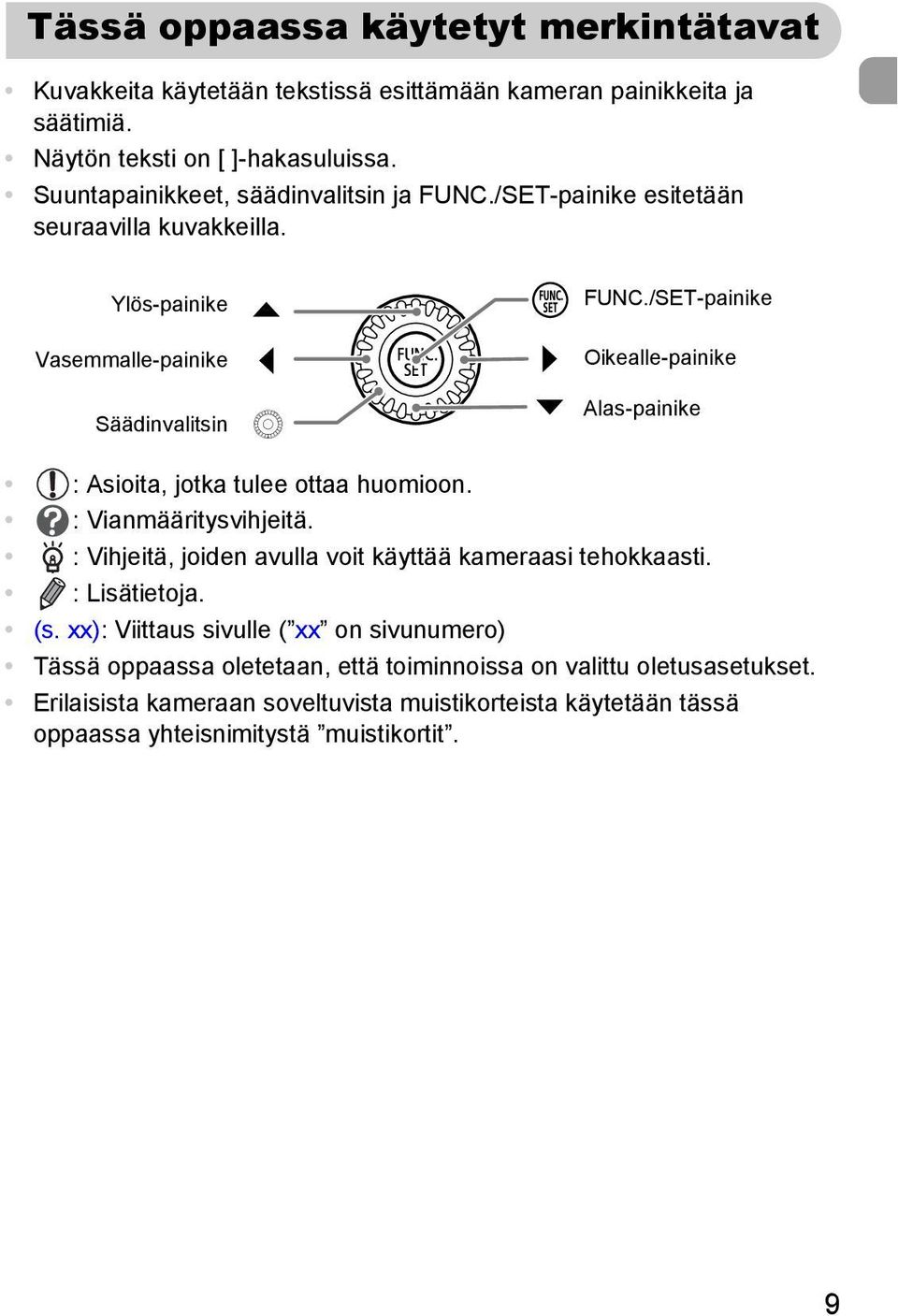 /SET-painike Oikealle-painike Alas-painike : Asioita, jotka tulee ottaa huomioon. : Vianmääritysvihjeitä. : Vihjeitä, joiden avulla voit käyttää kameraasi tehokkaasti.