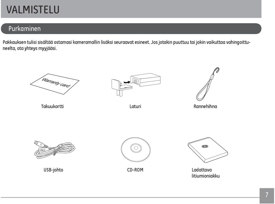 Jos jotakin puuttuu tai jokin vaikuttaa vahingoittuneelta, ota