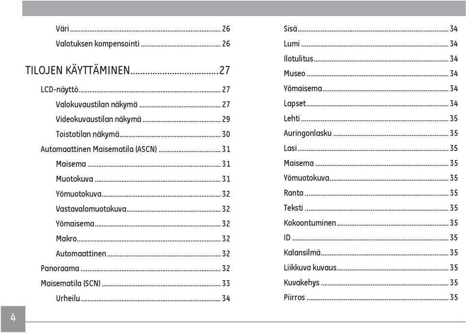 .. 32 Panoraama... 32 Maisematila (SCN)... 33 Urheilu... 34 Sisä... 34 Lumi... 34 Ilotulitus... 34 Museo... 34 Yömaisema... 34 Lapset... 34 Lehti... 35 Auringonlasku.