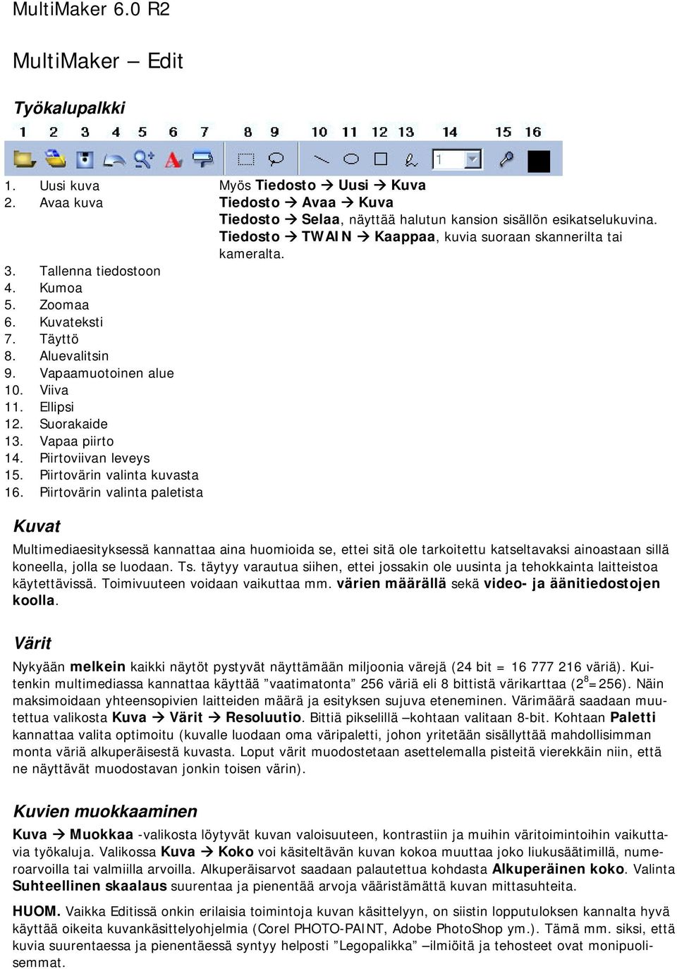 Vapaa piirto 14. Piirtoviivan leveys 15. Piirtovärin valinta kuvasta 16.