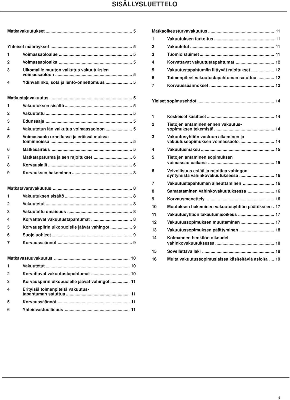 .. 12 5 Vakuutustapahtumiin liittyvät rajoitukset... 12 6 Toimenpiteet vakuutustapahtuman satuttua... 12 7 Korvaussäännökset... 12 Matkustajavakuutus... 5 1 Vakuutuksen sisältö... 5 2 Vakuutettu.