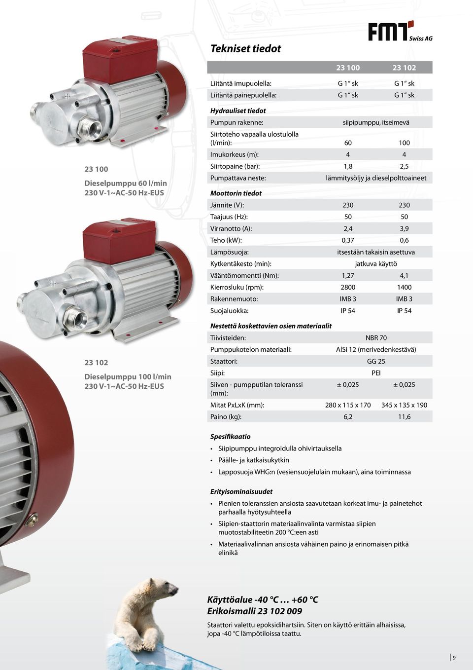 dieselpolttoaineet Moottorin tiedot Jännite (V): 230 230 Taajuus (Hz): 50 50 Virranotto (A): 2,4 3,9 Teho (kw): 0,37 0,6 Lämpösuoja: itsestään takaisin asettuva Kytkentäkesto (min): jatkuva käyttö