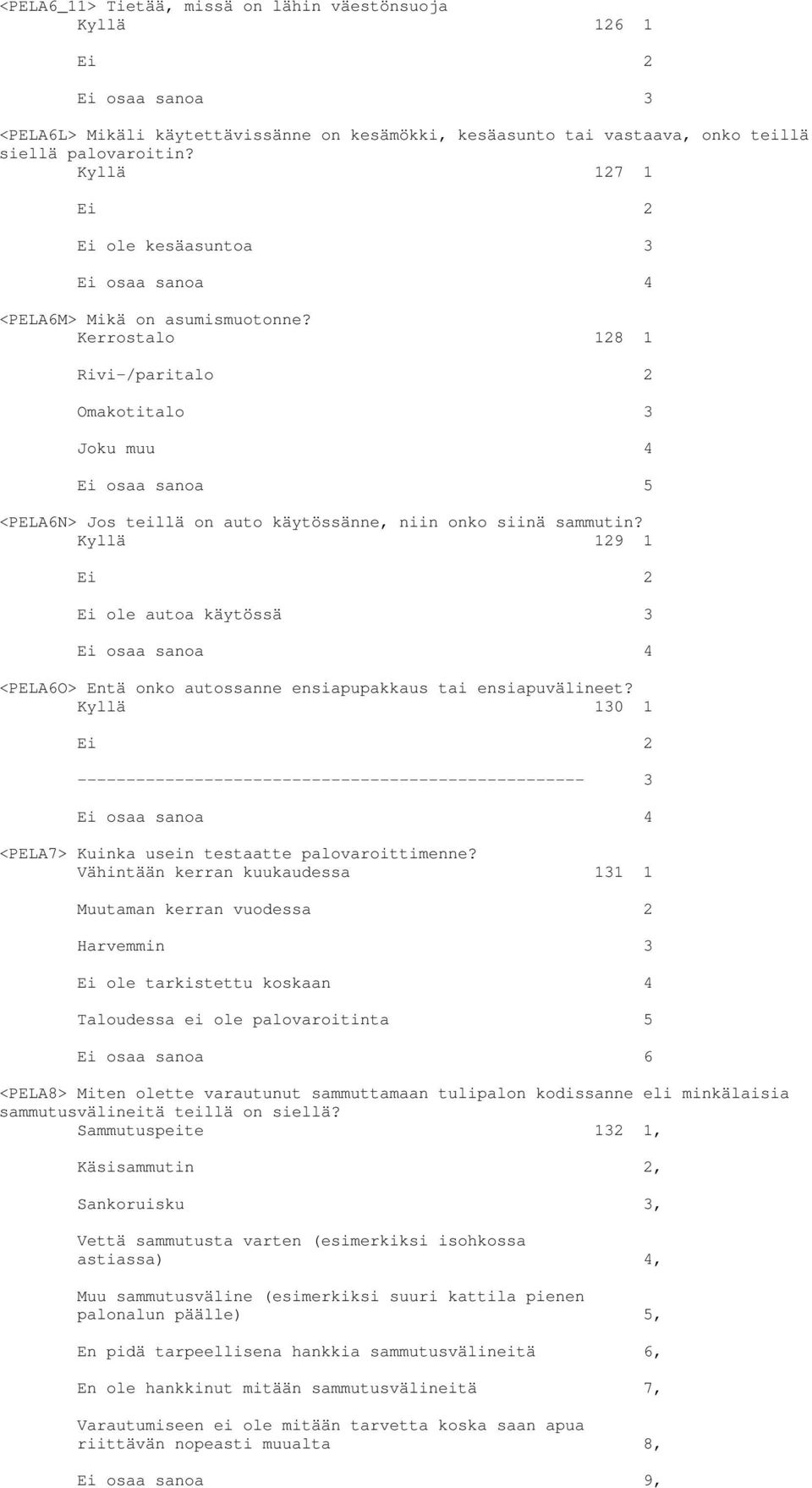 Kerrostalo 128 1 Rivi-/paritalo 2 Omakotitalo 3 Joku muu 4 <PELA6N> Jos teillä on auto käytössänne, niin onko siinä sammutin?