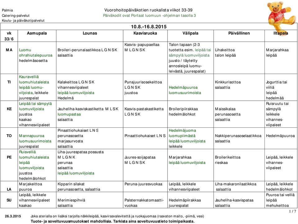 2015 ohrahiutale, Marjakeittoa Leipää, Broileri-perunalaatikkoa Kalakeittoa Hedelmä Jauheliha-kasviskastiketta M L S K luomupastaa Liha-juurespataa possusta M L G N K Kipparin silakat, Merimiespihviä