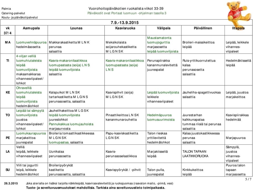 2015 vehnä 4-viljan velliä maksamakkaraa / Ohravelliä / kaura Velliä, Viili tai jogurtti leipä, Makkarakastiketta M L N K Kasvis-makaronilaatikkoa L N S Kalapuikot M L N S K tartarkastiketta M L G N