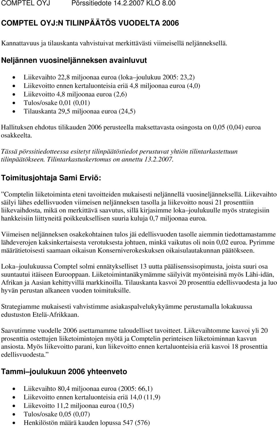 Tulos/osake 0,01 (0,01) Tilauskanta 29,5 miljoonaa euroa (24,5) Hallituksen ehdotus tilikauden perusteella maksettavasta osingosta on 0,05 (0,04) euroa osakkeelta.