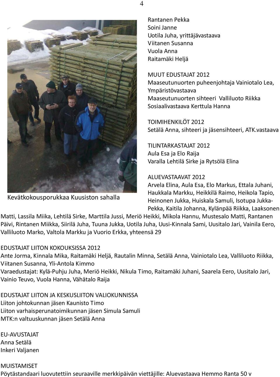 vastaava TILINTARKASTAJAT 2012 Aula Esa ja Elo Raija Varalla Lehtilä Sirke ja Rytsölä Elina ALUEVASTAAVAT 2012 Arvela Elina, Aula Esa, Elo Markus, Ettala Juhani, Haukkala Markku, Heikkilä Raimo,