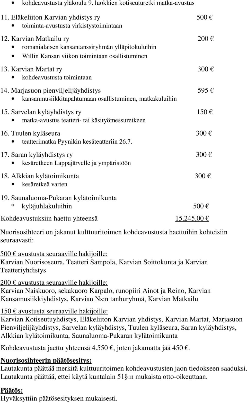 Marjasuon pienviljelijäyhdistys 595 kansanmusiikkitapahtumaan osallistuminen, matkakuluihin 15. Sarvelan kyläyhdistys ry 150 matka-avustus teatteri- tai käsityömessuretkeen 16.