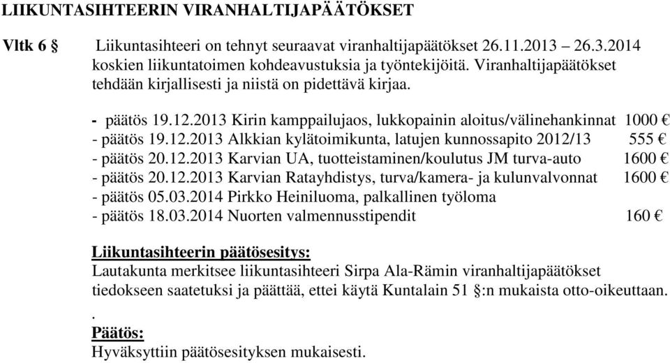 12.2013 Karvian UA, tuotteistaminen/koulutus JM turva-auto 1600 - päätös 20.12.2013 Karvian Ratayhdistys, turva/kamera- ja kulunvalvonnat 1600 - päätös 05.03.