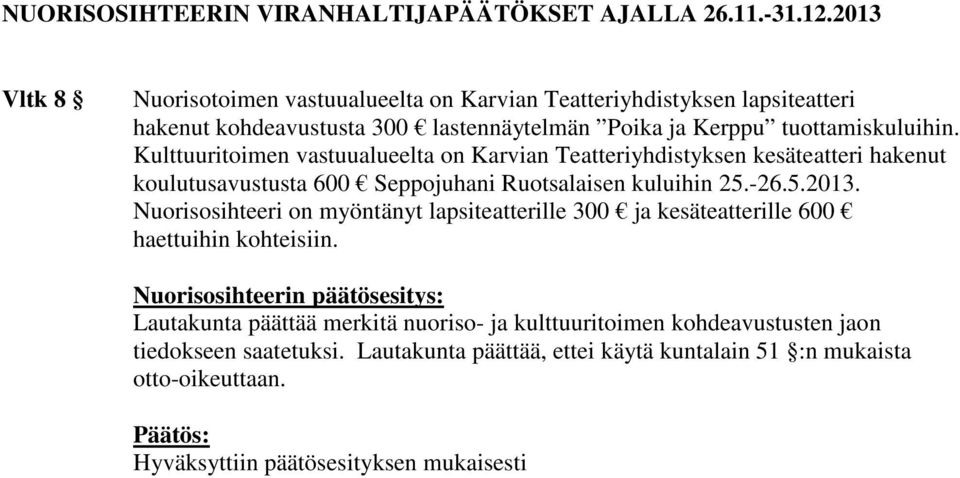 Kulttuuritoimen vastuualueelta on Karvian Teatteriyhdistyksen kesäteatteri hakenut koulutusavustusta 600 Seppojuhani Ruotsalaisen kuluihin 25.-26.5.2013.