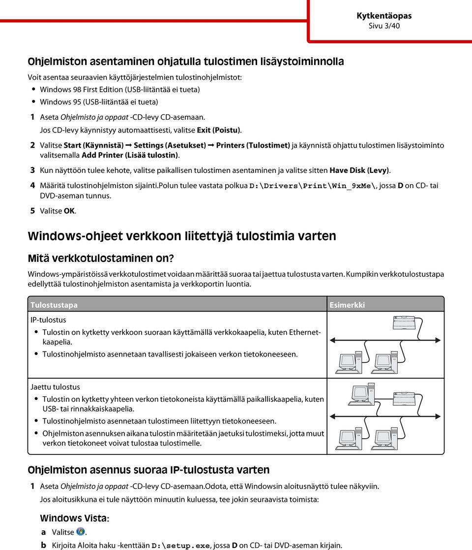 2 Valitse Start (Käynnistä) Settings (Asetukset) Printers (Tulostimet) ja käynnistä ohjattu tulostimen lisäystoiminto valitsemalla Add Printer (Lisää tulostin).