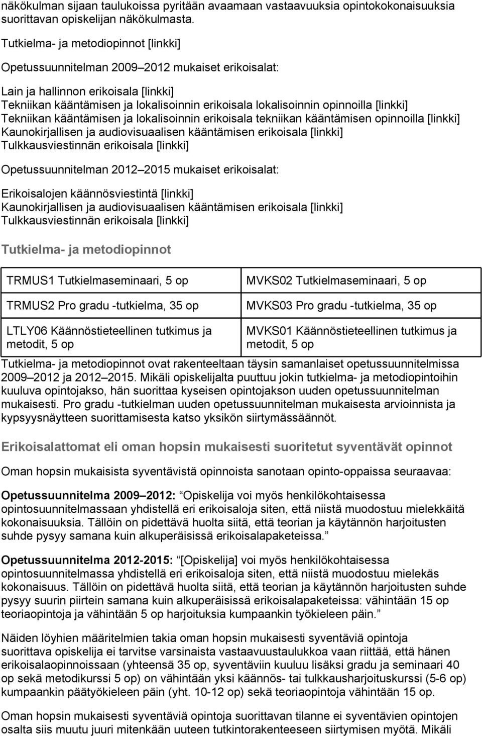 [linkki] Tekniikan kääntämisen ja lokalisoinnin erikoisala tekniikan kääntämisen innoilla [linkki] Kaunokirjallisen ja audiovisuaalisen kääntämisen erikoisala [linkki] Tulkkausviestinnän erikoisala