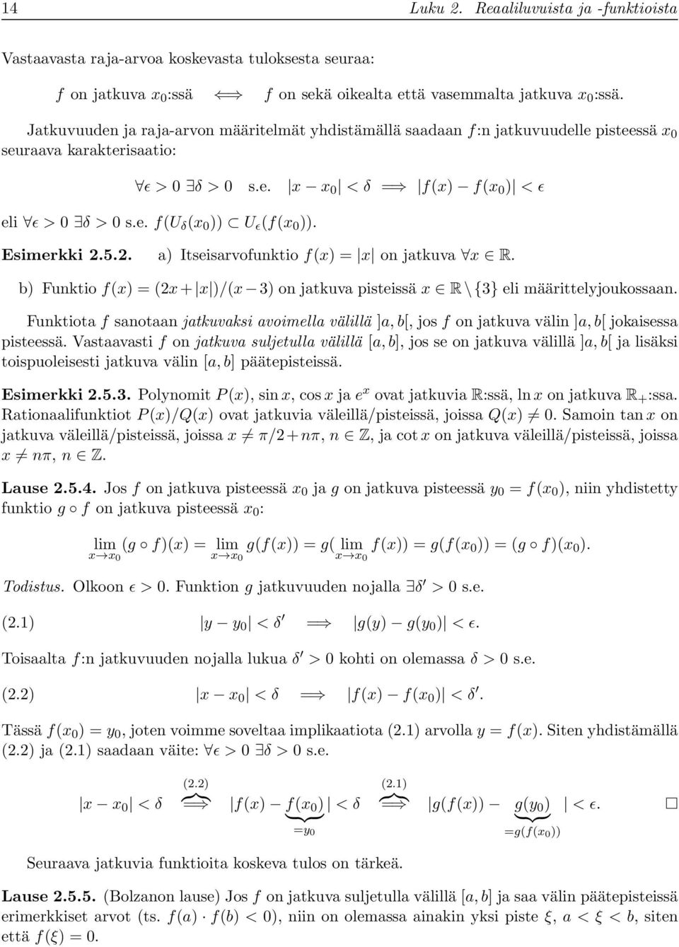 Esimerkki 2.5.2. ) Itseisrvofunktio f(x) = x on jtkuv x R. b) Funktio f(x) = (2x+ x )/(x 3) on jtkuv pisteissä x R \{3} eli määrittelyjoukossn.