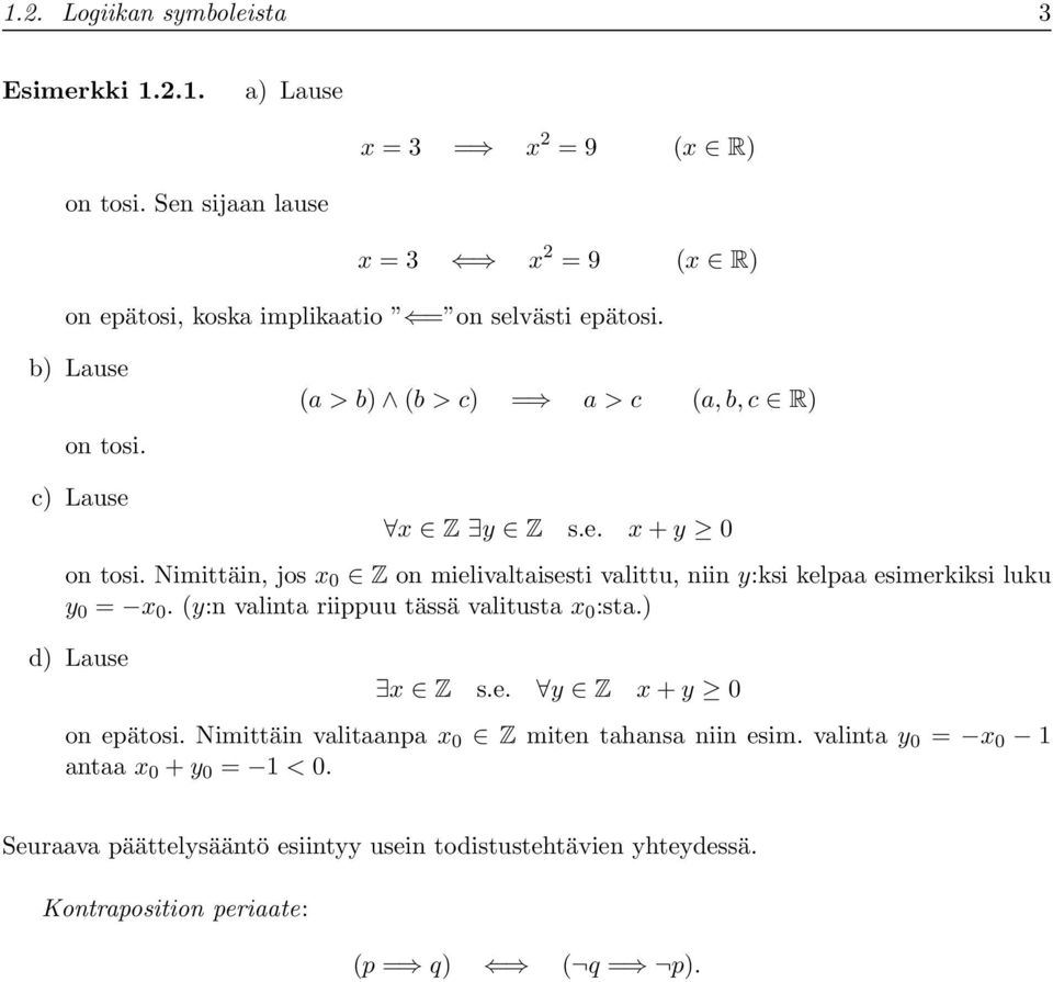 Nimittäin, jos x 0 Z on mielivltisesti vlittu, niin y:ksi kelp esimerkiksi luku y 0 = x 0. (y:n vlint riippuu tässä vlitust x 0 :st.) d) Luse x Z s.e. y Z x + y 0 on epätosi.