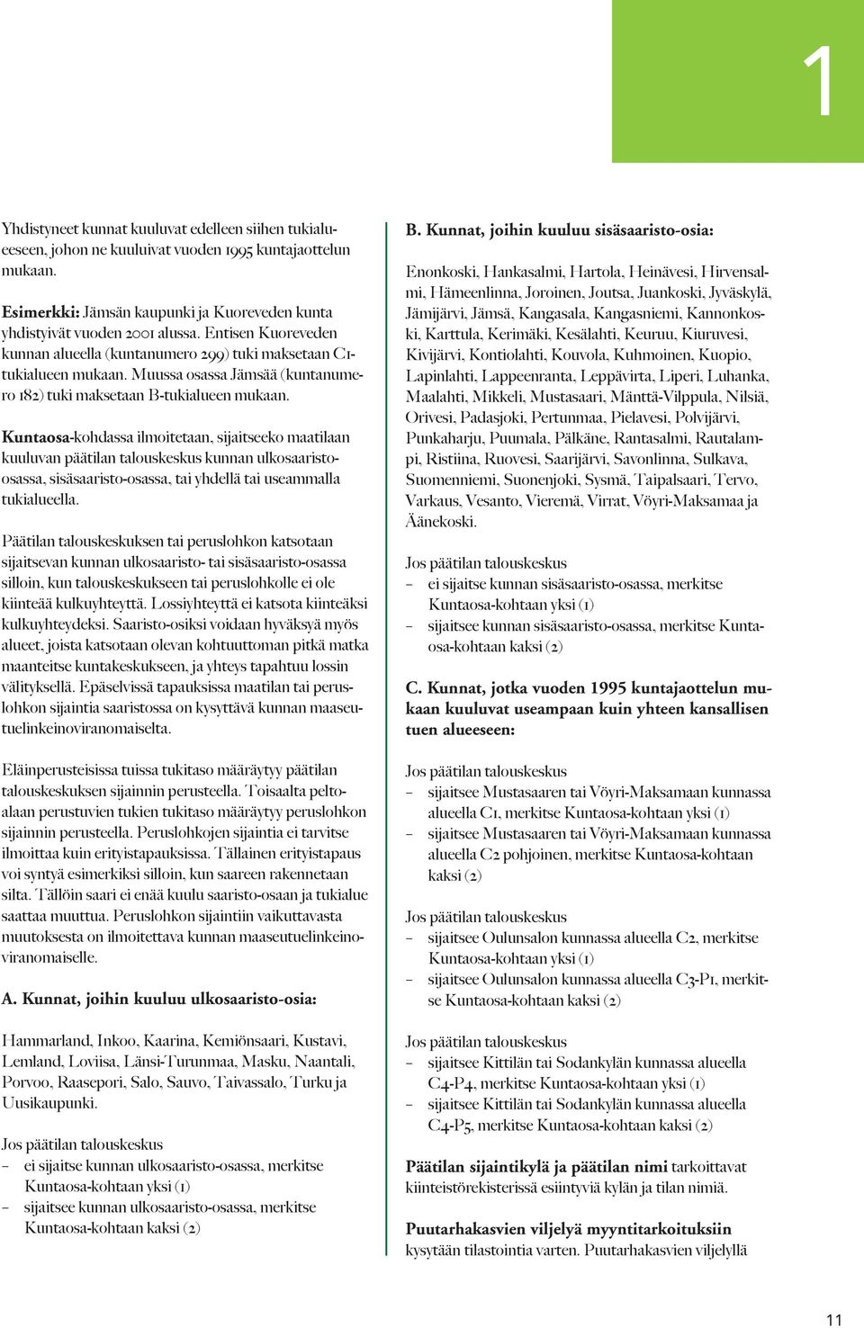 Kuntaosa-kohdassa ilmoitetaan, sijaitseeko maatilaan kuuluvan päätilan talouskeskus kunnan ulkosaaristoosassa, sisäsaaristo-osassa, tai yhdellä tai useammalla tukialueella.