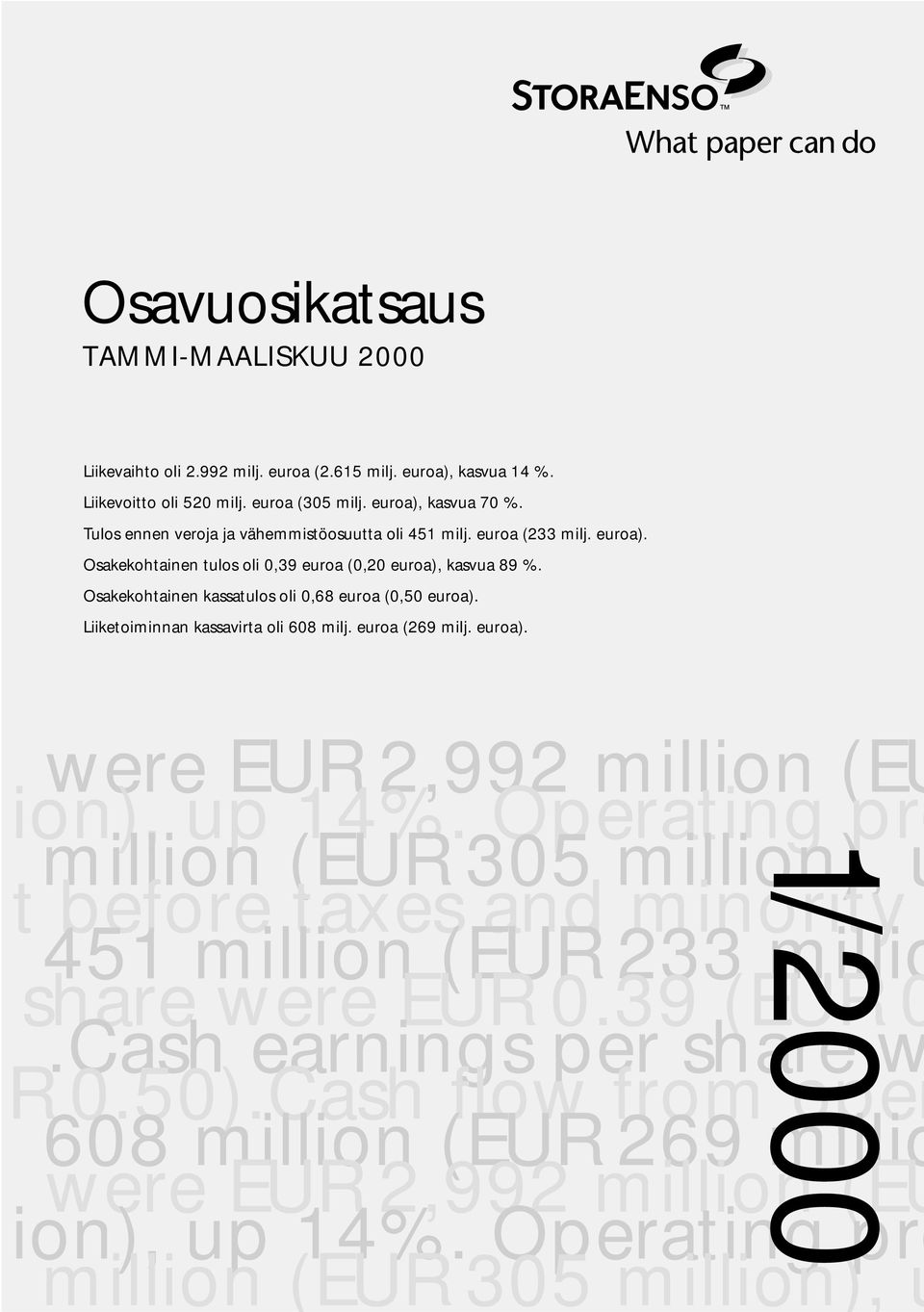 Osakekohtainen kassatulos oli 0,68 euroa (0,50 euroa). Liiketoiminnan kassavirta oli 608 milj. euroa (269 milj. euroa). were EUR 2,992 million (EU ion), up 14%.