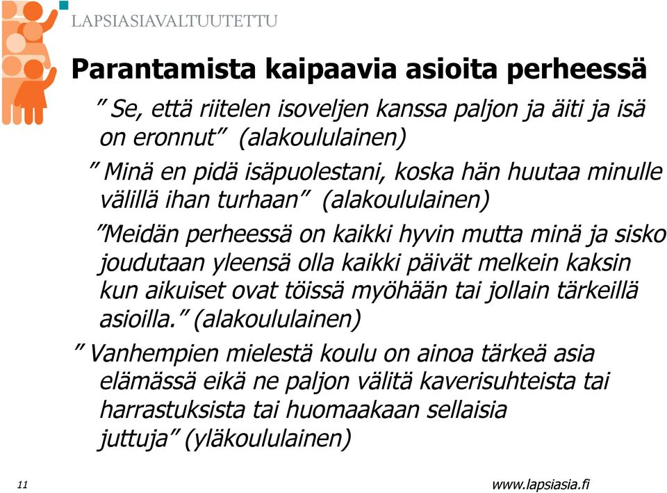 yleensä olla kaikki päivät melkein kaksin kun aikuiset ovat töissä myöhään tai jollain tärkeillä asioilla.