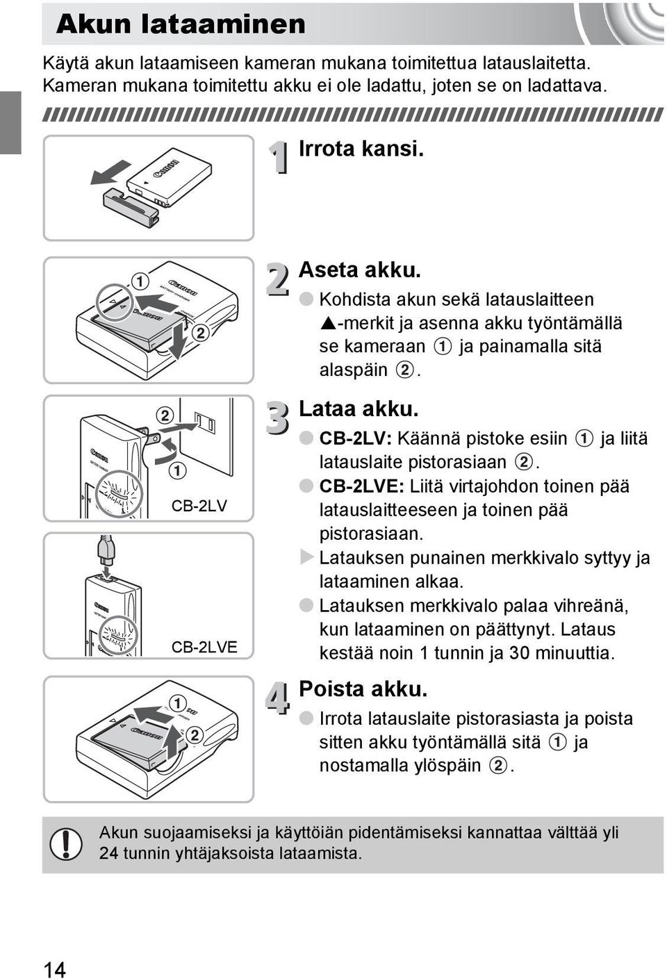 CB-2LVE: Liitä virtajohdon toinen pää latauslaitteeseen ja toinen pää pistorasiaan. Latauksen punainen merkkivalo syttyy ja lataaminen alkaa.