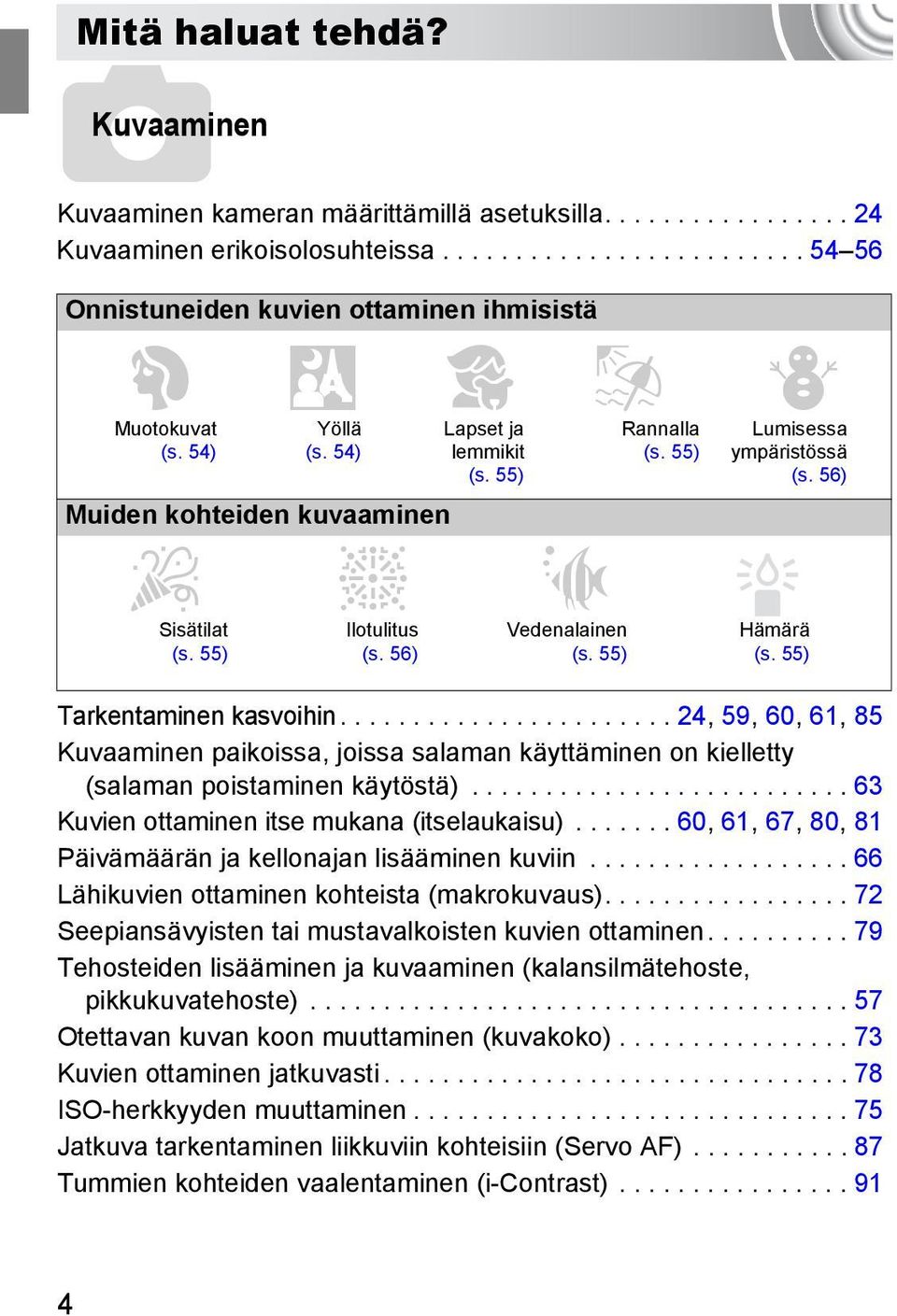 55) Tarkentaminen kasvoihin....................... 24, 59, 60, 61, 85 Kuvaaminen paikoissa, joissa salaman käyttäminen on kielletty (salaman poistaminen käytöstä).