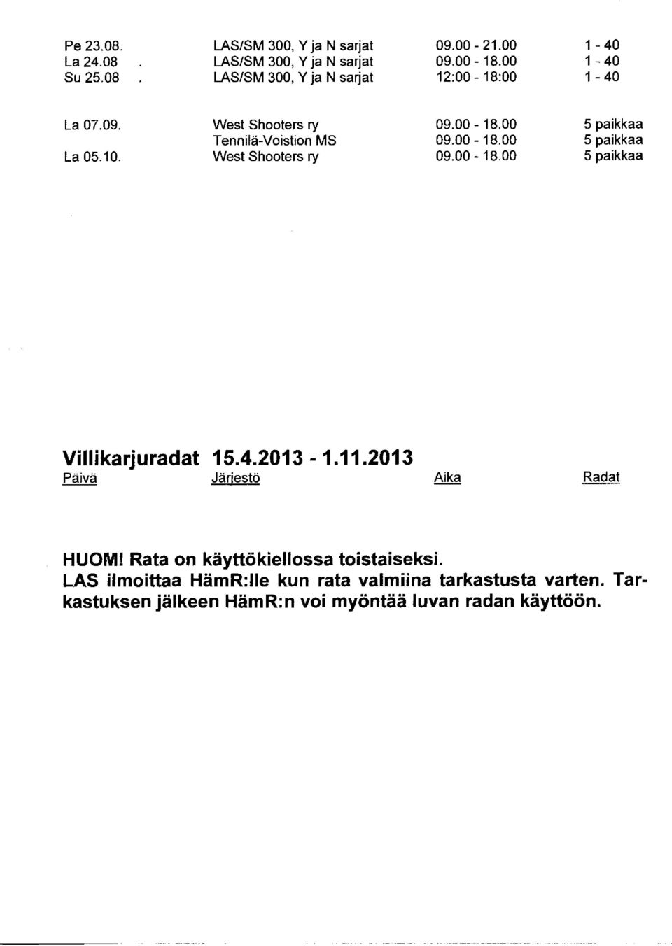 00-18.00-5 paikkaa La 05.10. West Shooters ry 09.00-18.00 5 paikkaa Villikarjuradat 15.4.2013 --1.11.2013 Päivä Järjestö ika Radat HUOM!