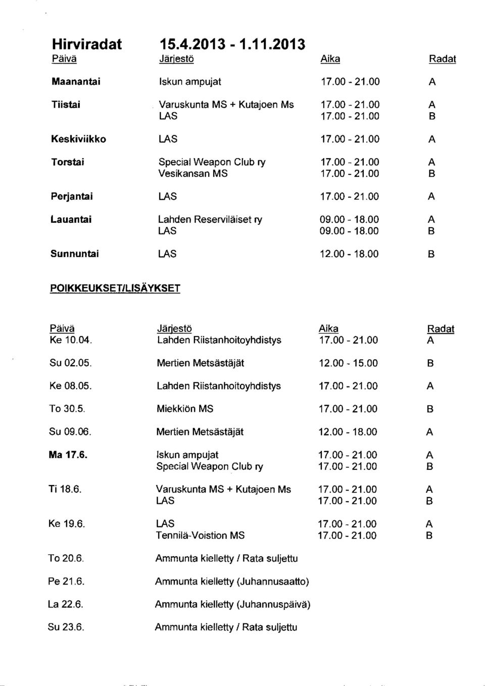 Järjestö Lahden Riistanhoitoyhdistys ika 17.00 --21.00 Radat Su 02.05. Mertien Metsästäjät 12.00 --15.00 Ke 08.05. Lahden Riistanhoitoyhdistys 17.00--21.00 - To 30.5. Miekkiön MS 17.00-21.00 17.